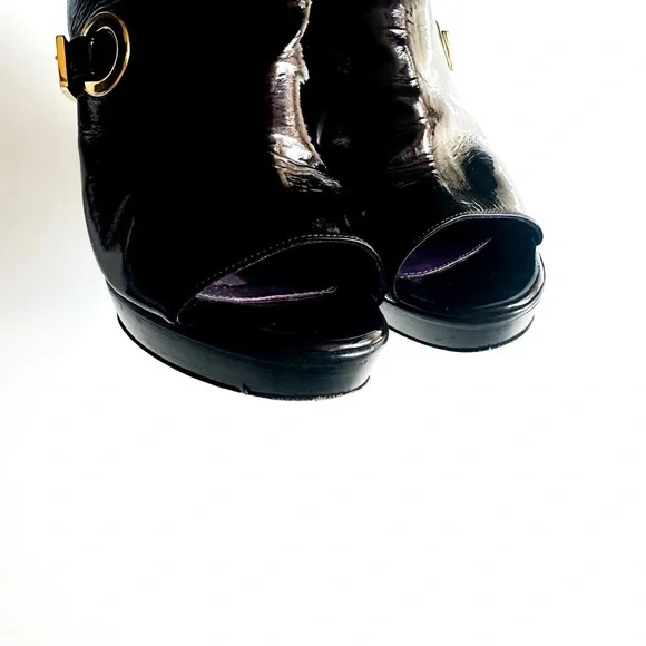 Sergio Rossi Crinkle Patent Leather Open-toe Booties Golden Statement Buckles 38 - Picture 7 of 14